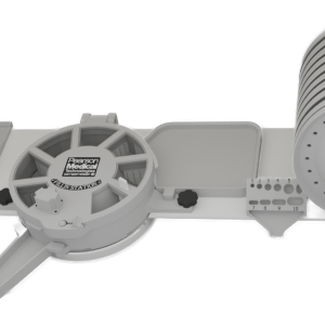 Fillin Station is a medical pill dispenser featuring labeled compartments, a rotary mechanism, switches, and stacked round trays to organize and dispense medication doses efficiently.