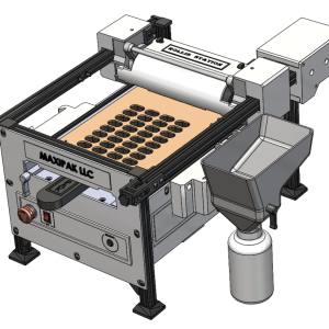 A 3D-rendered image of a tabletop machine labeled MAXIPAK LLC with a roller, a tray holding round objects, a funnel, and a collection bottle positioned underneath.