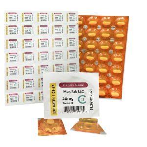 Three types of blister packs with tablets are displayed. One has white and pink labels, another has orange bubbles with yellow tablets, and the third has a close-up showing a label with dosage details and two individually packed tablets.