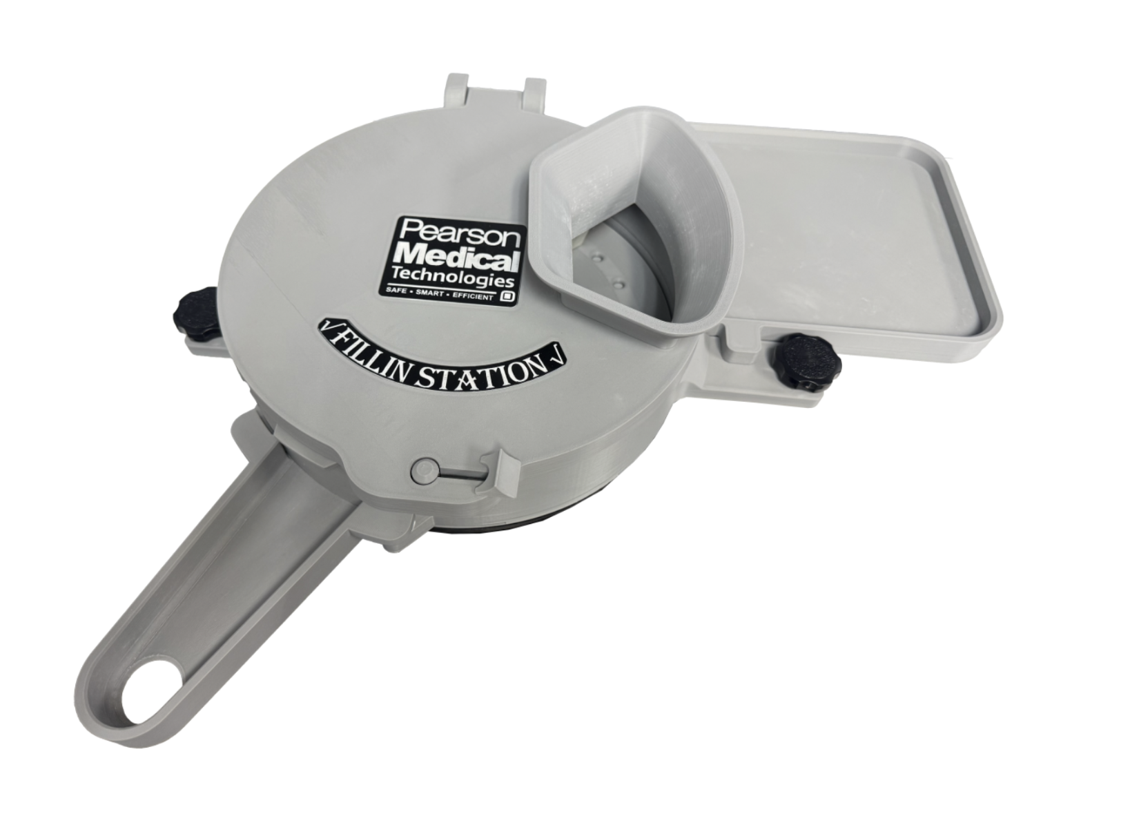 A gray plastic medical device labeled Pearson Medical Technologies with a funnel-like opening and a hinged lid, designed for filling purposes. The words FILLIN STATION are printed on the front.