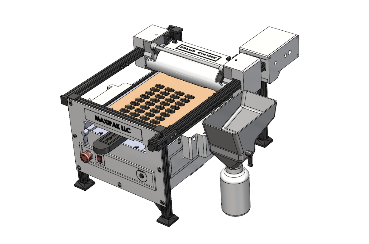 A 3D rendering of a tabletop machine with a conveyor, trays for small round objects, a touchscreen display, a hopper on the side, and a container below for collecting dispensed material.