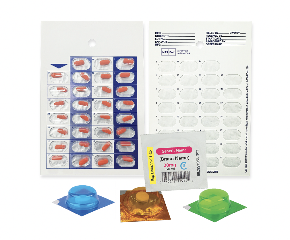A medication blister pack with red tablets, an empty clear blister card, and three colored sample blisters, along with a label displaying medication information, arranged on a white background.