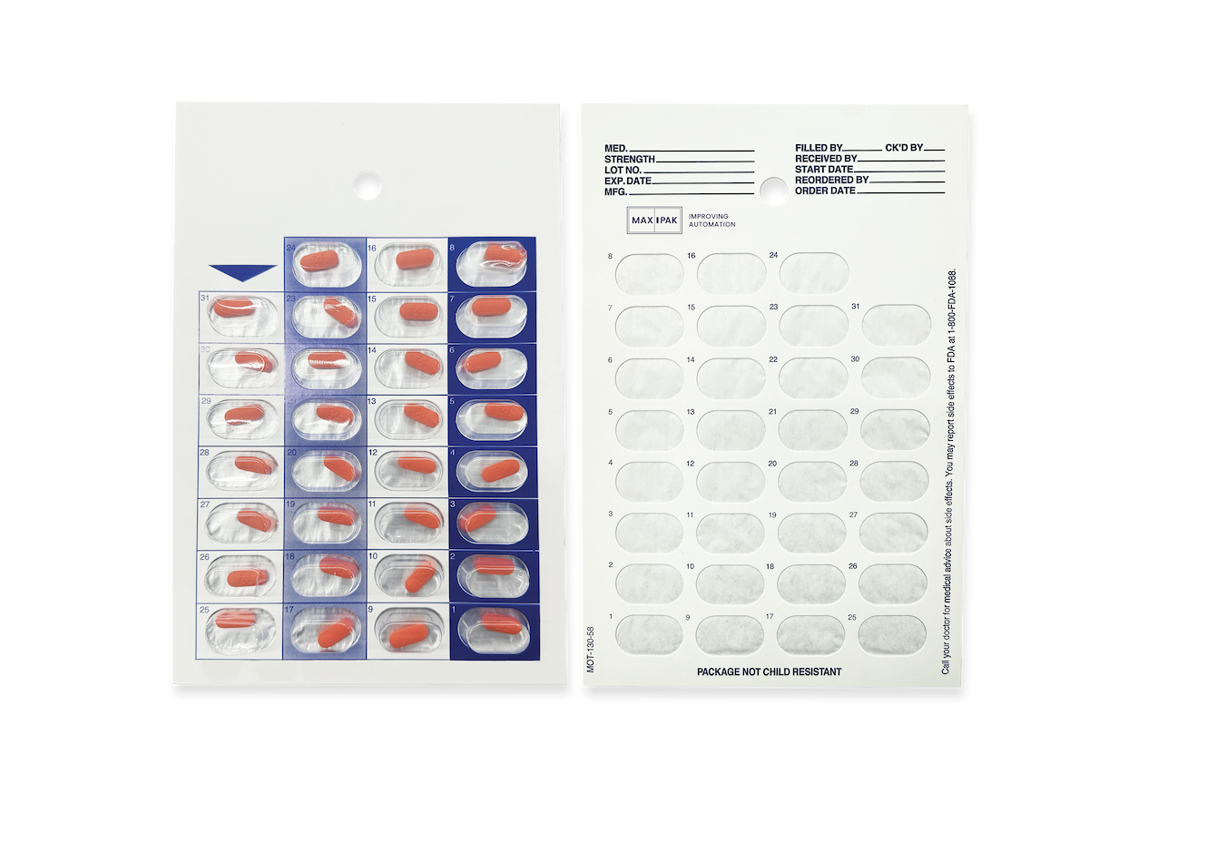 On the left, Unit Dose Blisters & Cards with some empty slots hold red and white capsules. On the right, a medication record card shows spaces for dosing details and a few capsules still present.