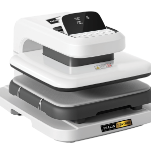 A white and gray Cuttin Station (Copy) heat press machine with a digital display and control buttons on top, labeled on the front, used for pressing designs onto materials.