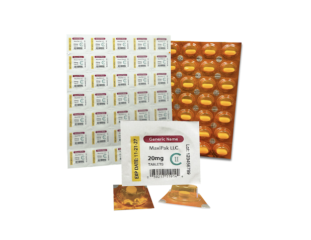 Un blíster de comprimidos redondos amarillos, una hoja con envases de dosis etiquetados y un primer plano de un comprimido sobre fondo blanco con una etiqueta de muestra en la que se lee: «Nombre genérico, comprimidos de 20 mg».